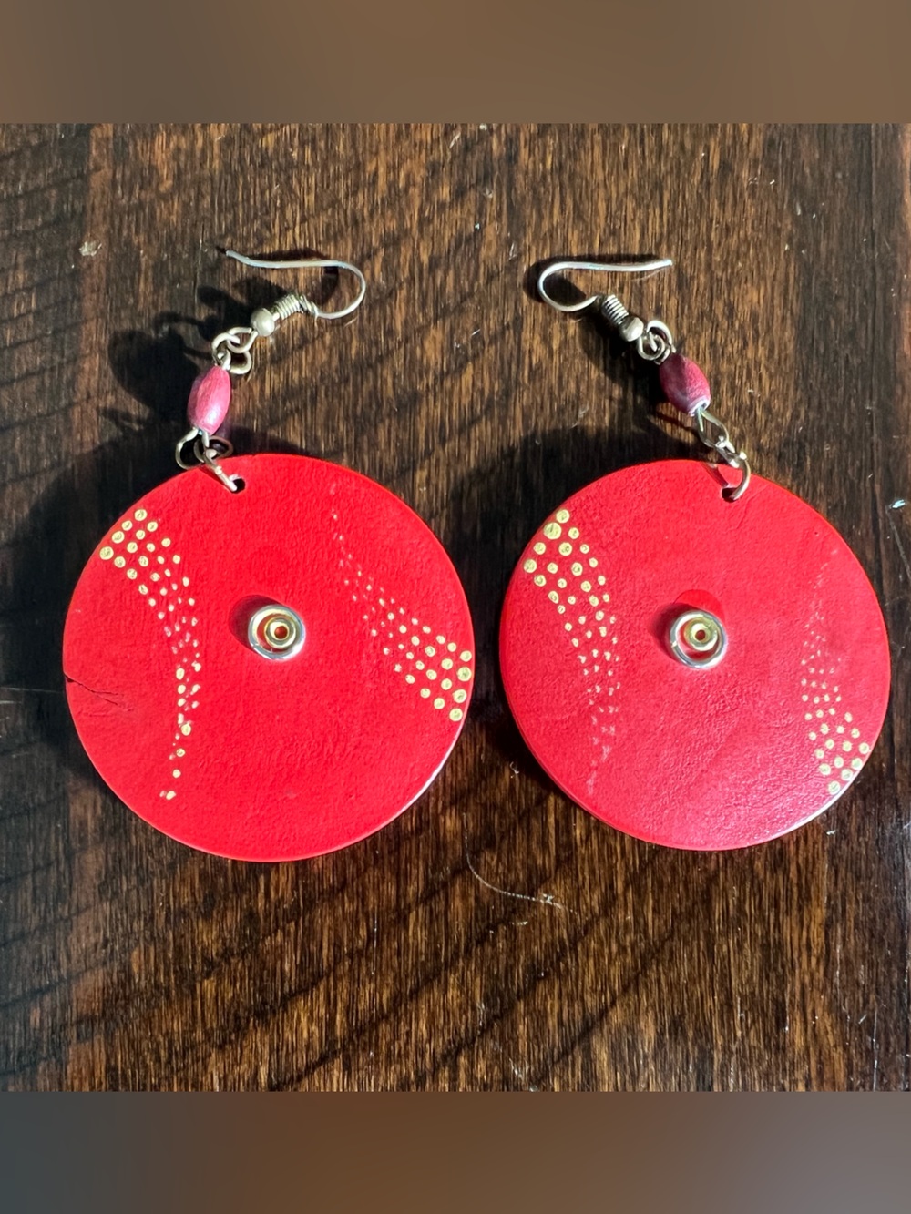Boho Handmade Red Wooden Disc Dangle Earrings from Botswana- Statement Jewelry